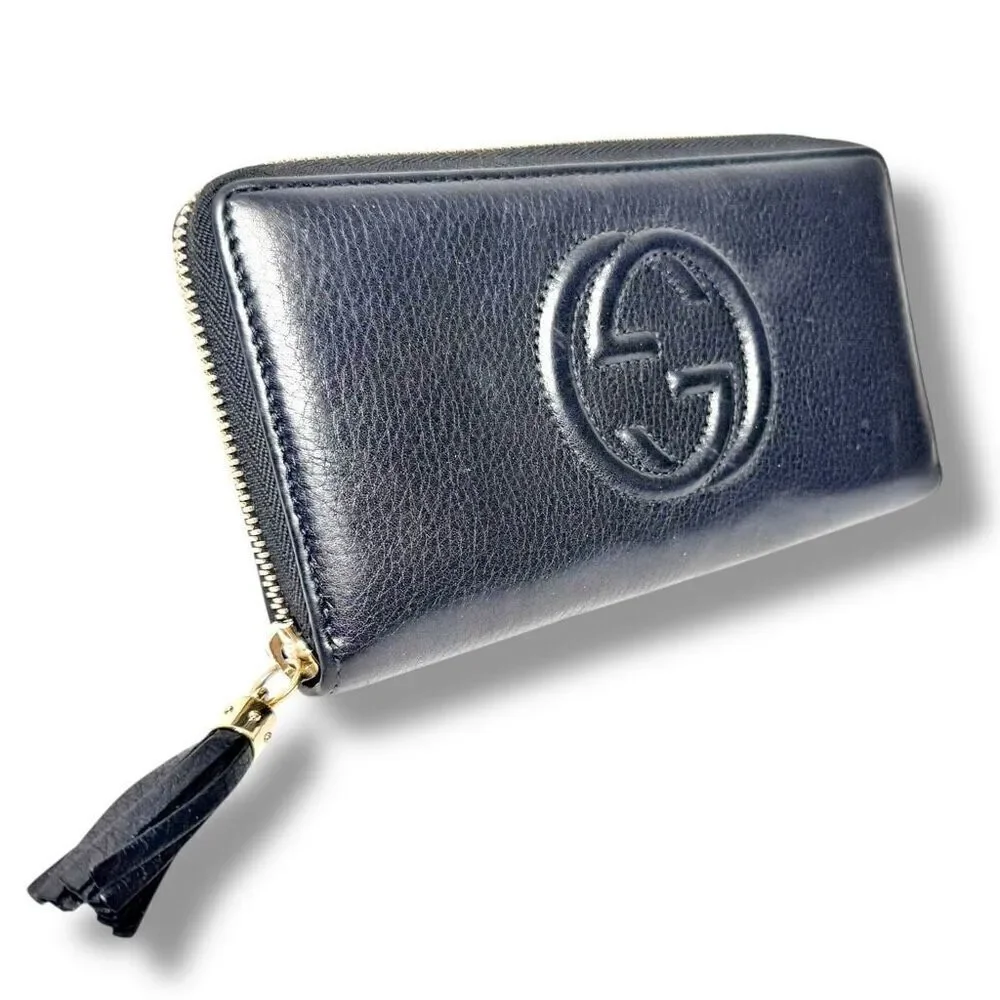 Gucci Soho Interlocking G Tassel Calfskin Leather Zip Around Long Wallet Black - Picture 2 of 8